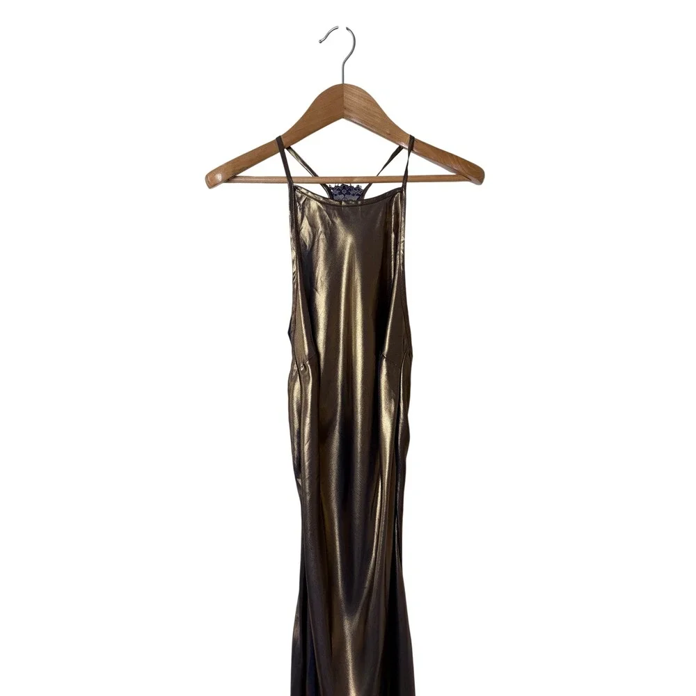 Free‎ People Gold Dust Midi Slip Dress Metallic Bronze Lace Back Halter XS NWT